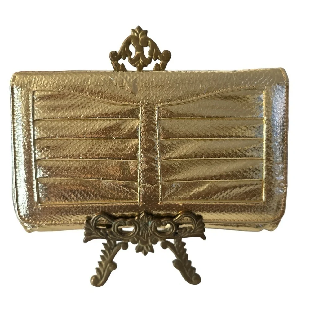 Gold Vintage Clutch Handbag with Inside Cosmetic Mirror Zipper Pocket Purse Bag